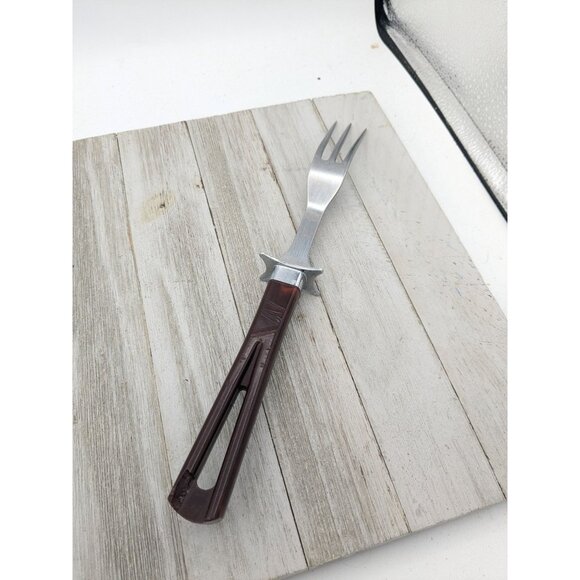 Vintage Stanhome 3 Prong Meat Fork Stainless Brown Handle - Picture 4 of 9